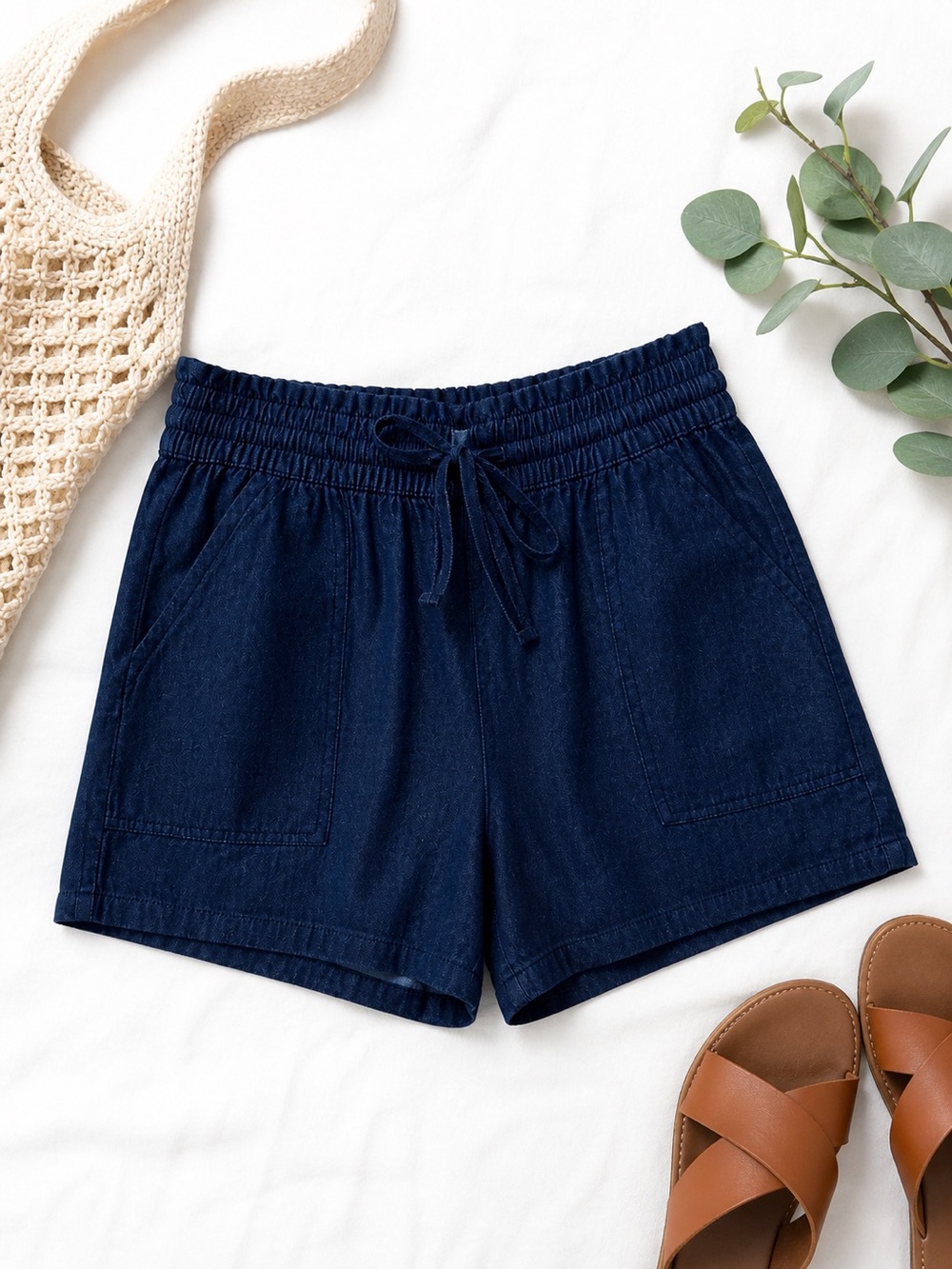 Dollhouse Chambray Denim Shorts Size L Elastic Waist Casual Summer Lightweight
